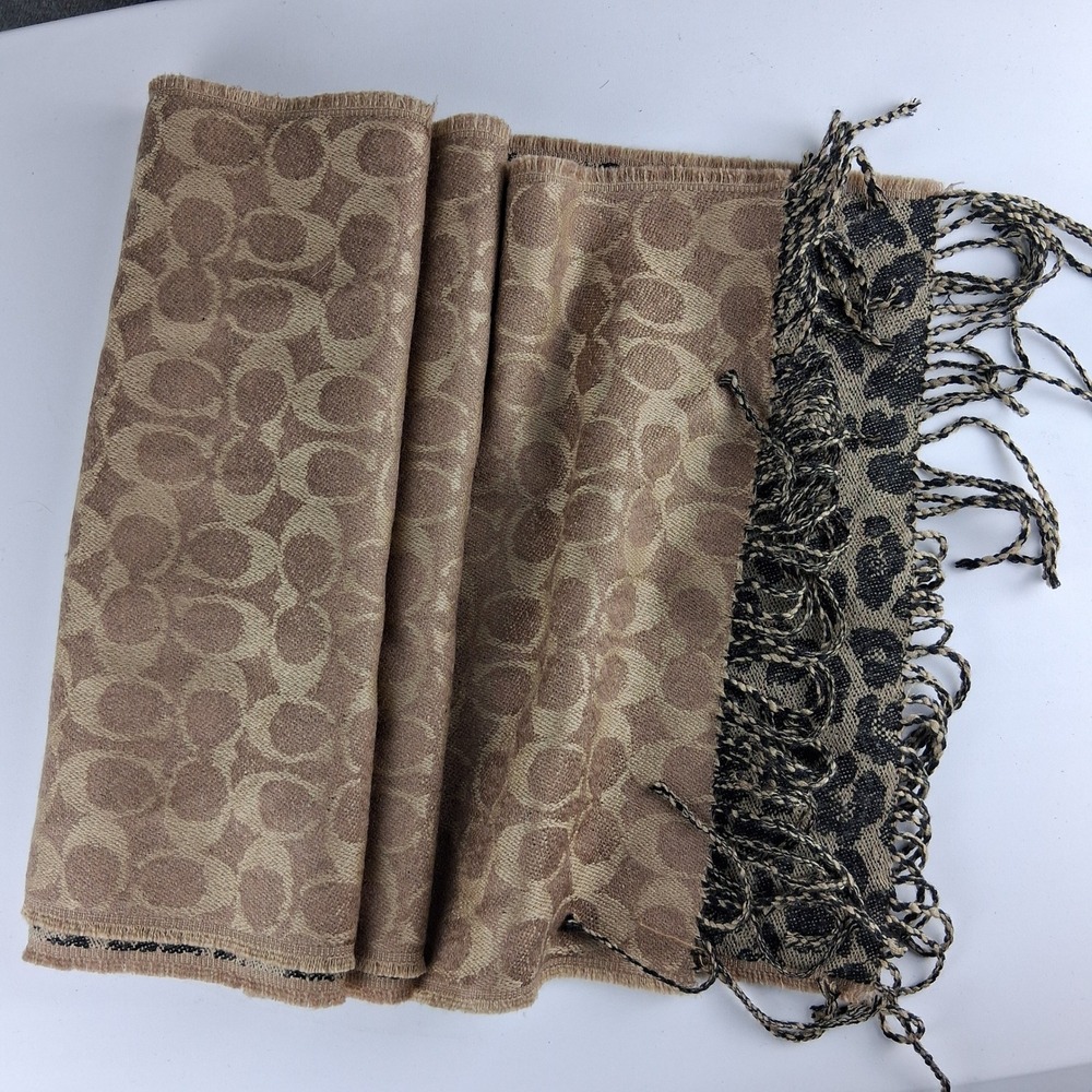 Coach Reversible Scarf Womens OS Khaki Black Signature C Leopard Fringe